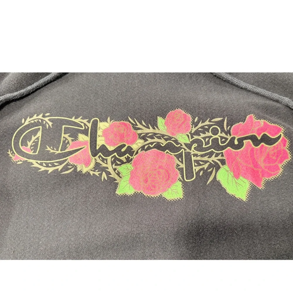 Y2K‎ Champion Reverse Weave Hoodie Sweatshirt Rose Floral Print Black Medium